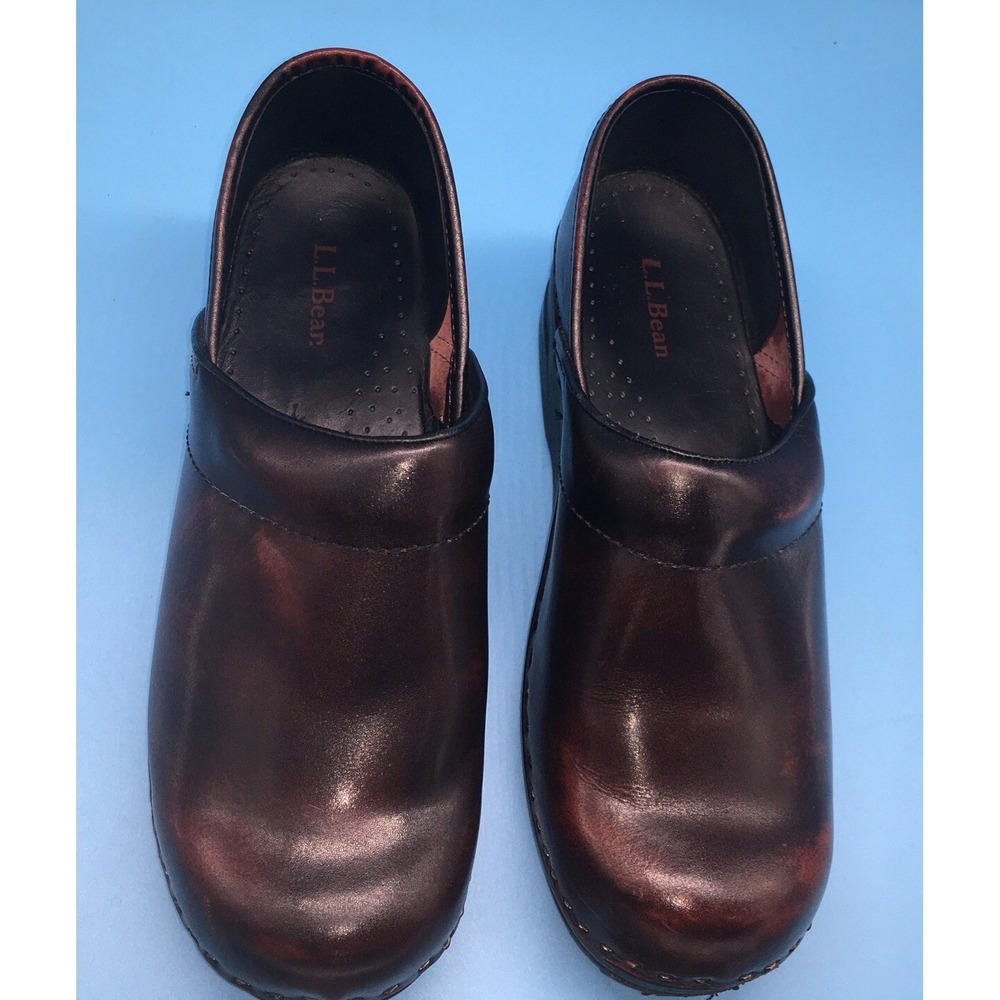 LL Bean Womens Slip On Clogs Maroon Marbleized Leather Shoes Size 7.5 - Picture 3 of 9